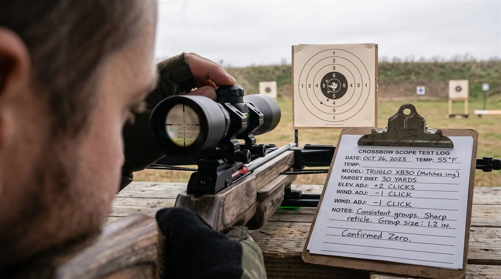 TruGlo BDC reticle viewed through the scope with stacked aiming points over a target at increasing distances