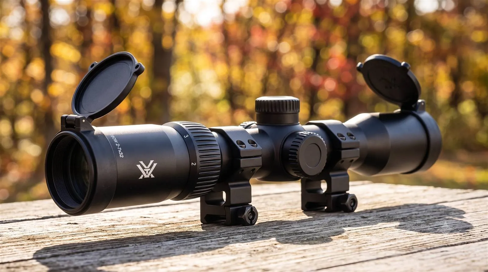 Vortex Crossfire II 2-7x32 scope laid out with its mounting rings, flip caps and neoprene cover