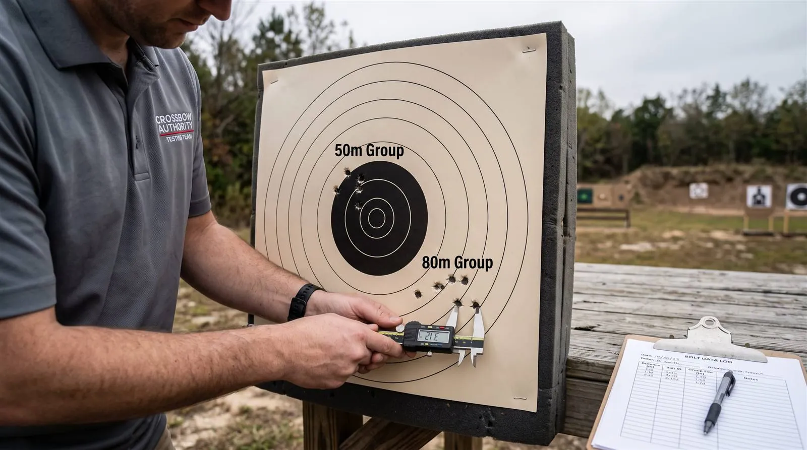 Paper target showing two separate bolt groupings being measured with calipers beside a testing log on a range bench
