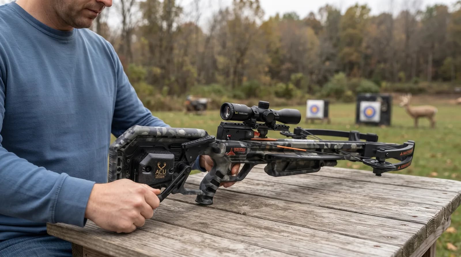 Hunter turning the ACUdraw crank on the stock of a Wicked Ridge Commander 400 at an outdoor range bench