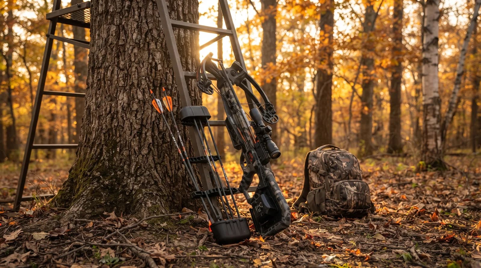 Wicked Ridge Commander 400 leaning against an oak beside a ladder treestand with its quiver and a camo backpack