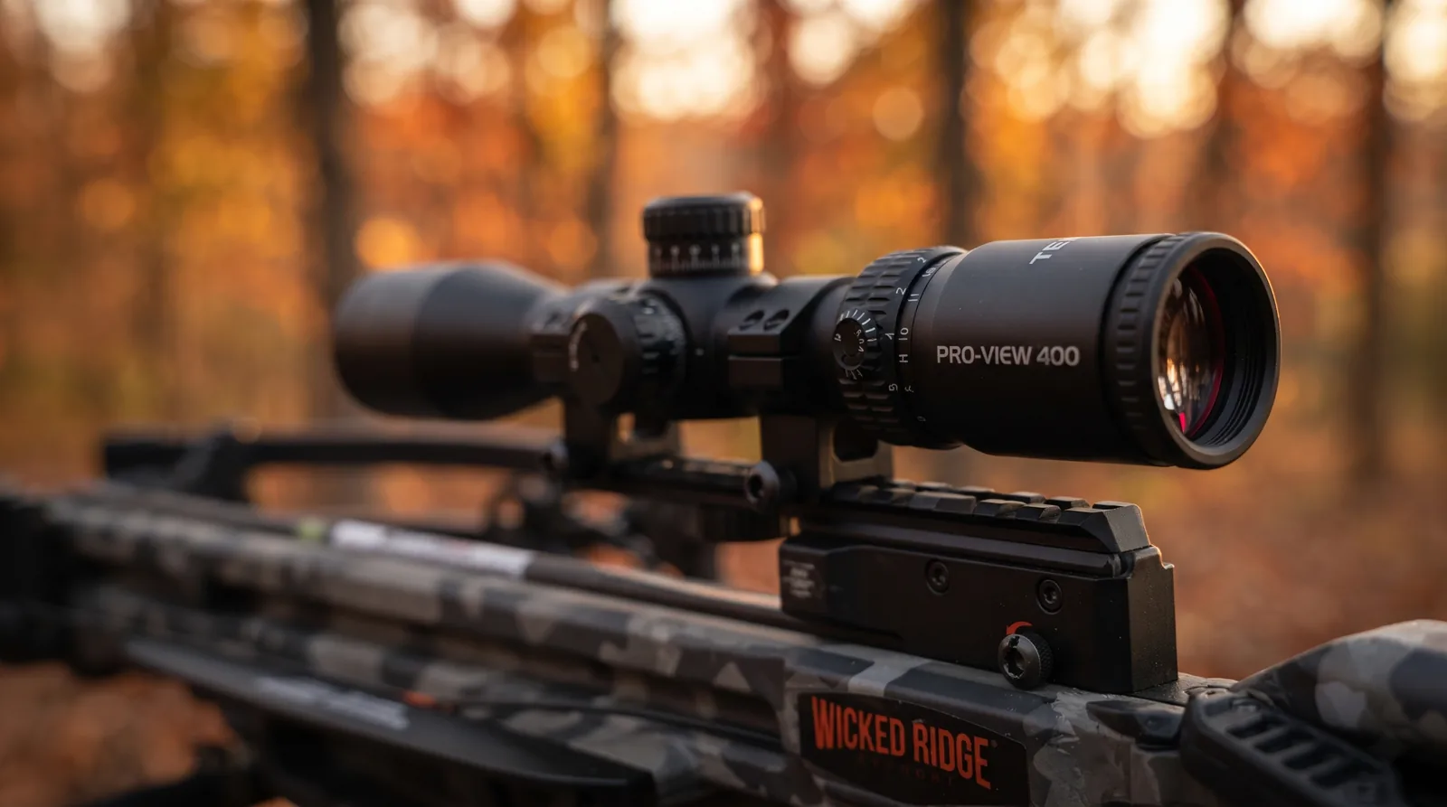 Pro-View 400 4x32 scope with turrets mounted above the camo stock of the Wicked Ridge Commander 400