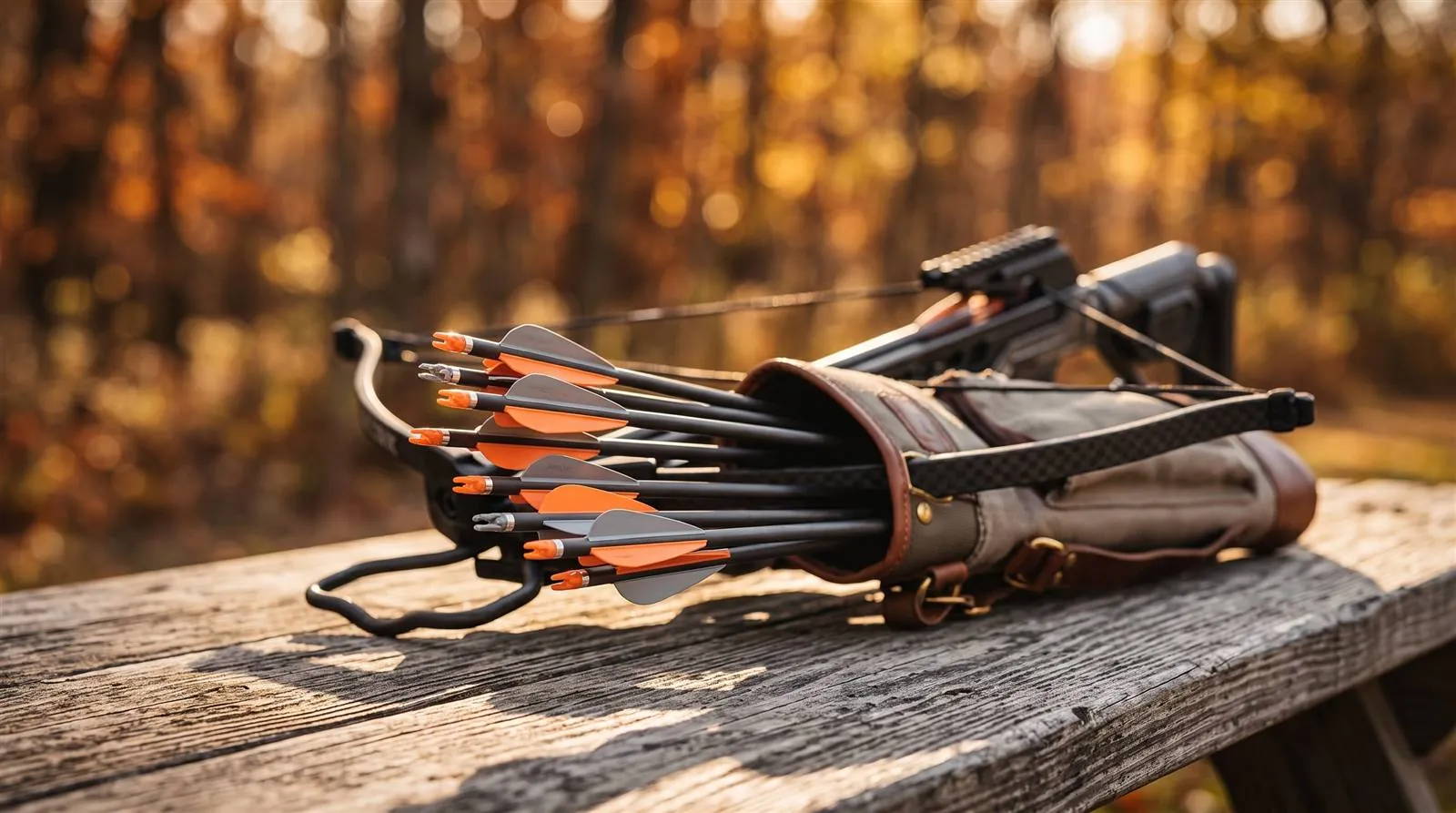 Wicked Ridge Match 400 bolts ready beside a crossbow on a wooden bench in warm light